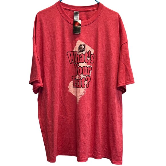 Gildan Red Graphic T-Shirt “Whats Your Exit?” 2XL Unisex Cotton Short Sleeve - Picture 1 of 2